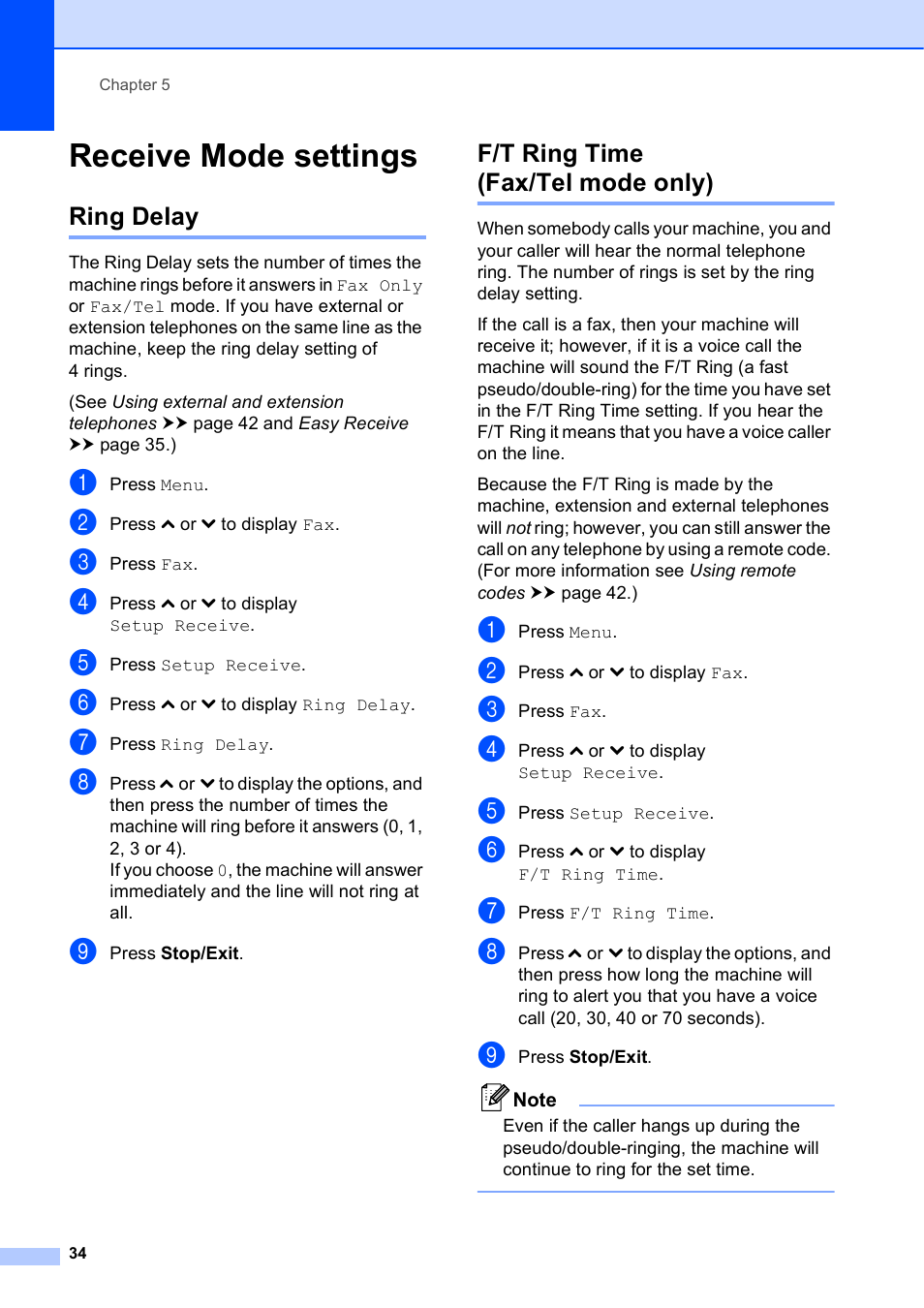 Receive mode settings, Ring delay, F/t ring time (fax/tel mode only) | Ring delay f/t ring time (fax/tel mode only), E f/t ring time (fax/tel mode only) uu | Brother Printer MFC-J5910DW User Manual | Page 48 / 155