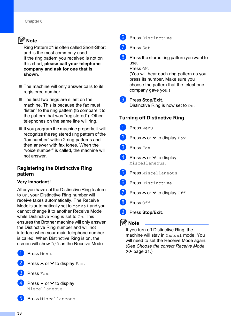 Registering the distinctive ring pattern, Turning off distinctive ring | Brother Printer MFC-J5910DW User Manual | Page 52 / 155