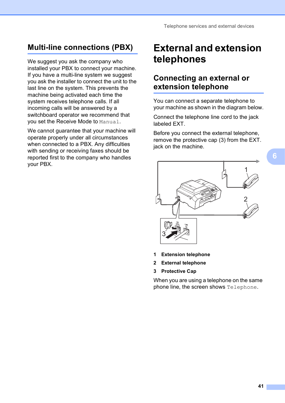 Multi-line connections (pbx), External and extension telephones, Connecting an external or extension telephone | 6multi-line connections (pbx) | Brother Printer MFC-J5910DW User Manual | Page 55 / 155