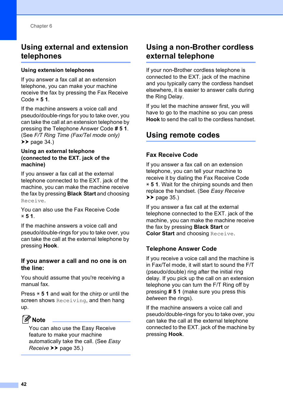 Using external and extension telephones, If you answer a call and no one is on the line, Using a non-brother cordless external telephone | Using remote codes, Fax receive code, Telephone answer code | Brother Printer MFC-J5910DW User Manual | Page 56 / 155