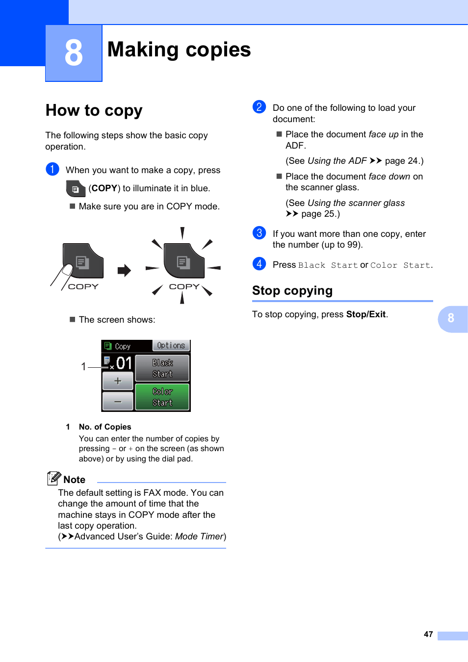 8 making copies, How to copy, Stop copying | Making copies | Brother Printer MFC-J5910DW User Manual | Page 61 / 155