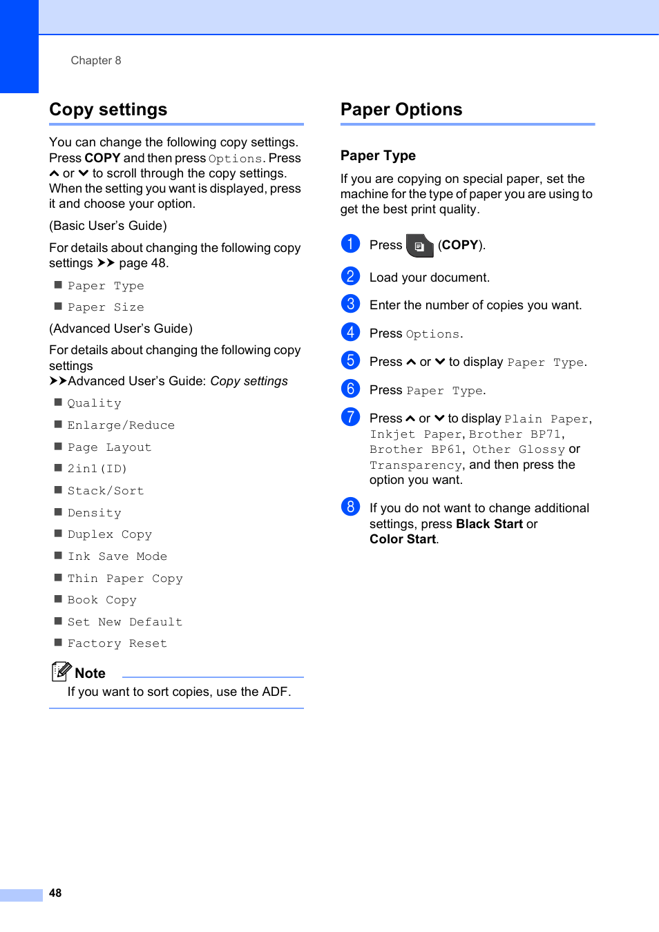 Copy settings, Paper options, Paper type | Copy settings paper options | Brother Printer MFC-J5910DW User Manual | Page 62 / 155