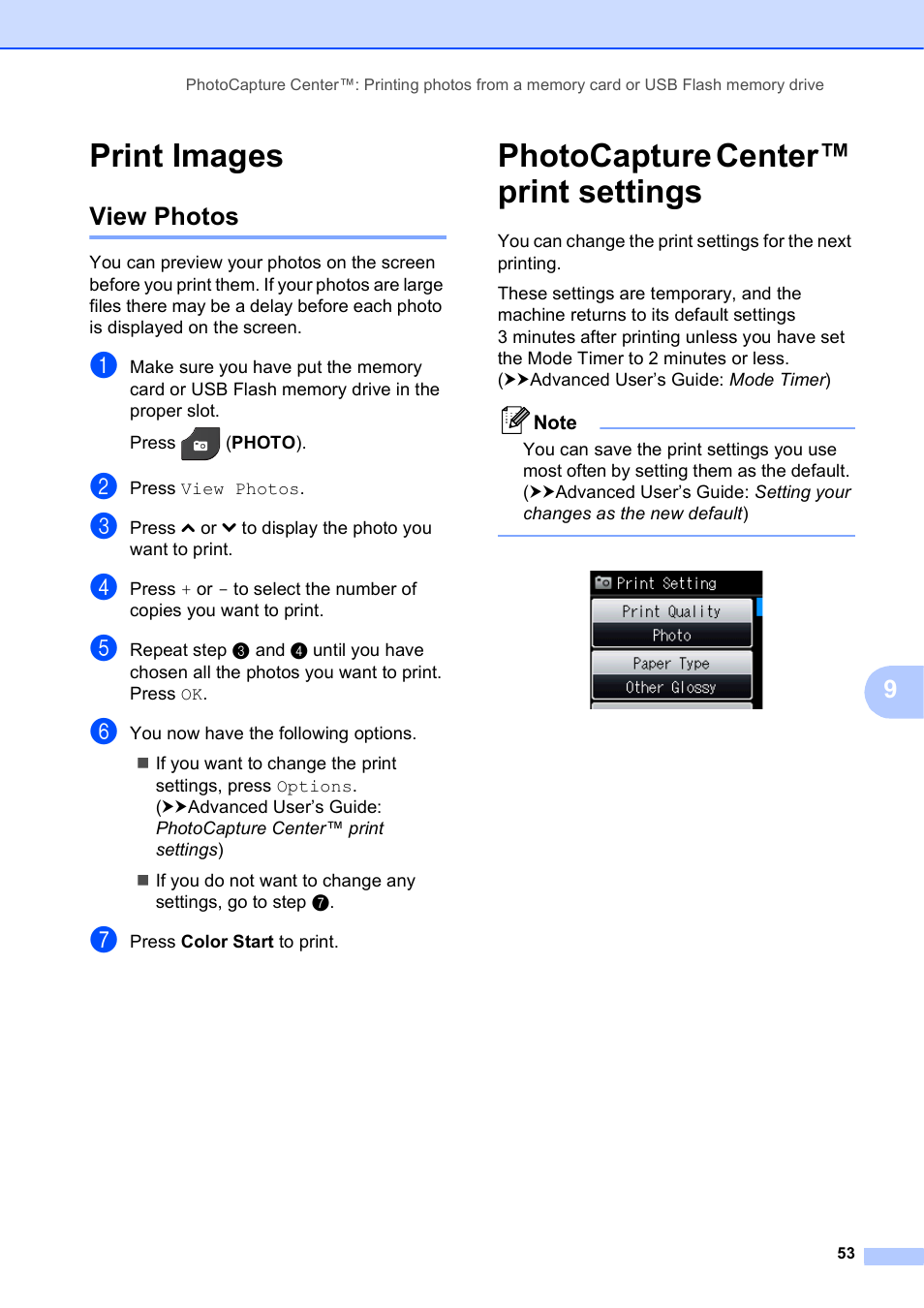 Print images, View photos, Photocapture center™ print settings | Brother Printer MFC-J5910DW User Manual | Page 67 / 155