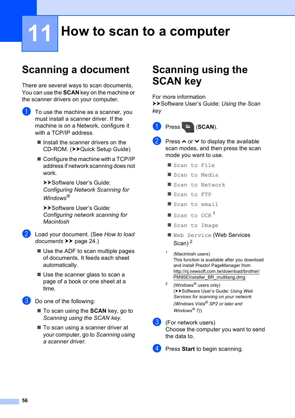 11 how to scan to a computer, Scanning a document, Scanning using the scan key | How to scan to a computer, Scanning a document scanning using the scan key | Brother Printer MFC-J5910DW User Manual | Page 70 / 155