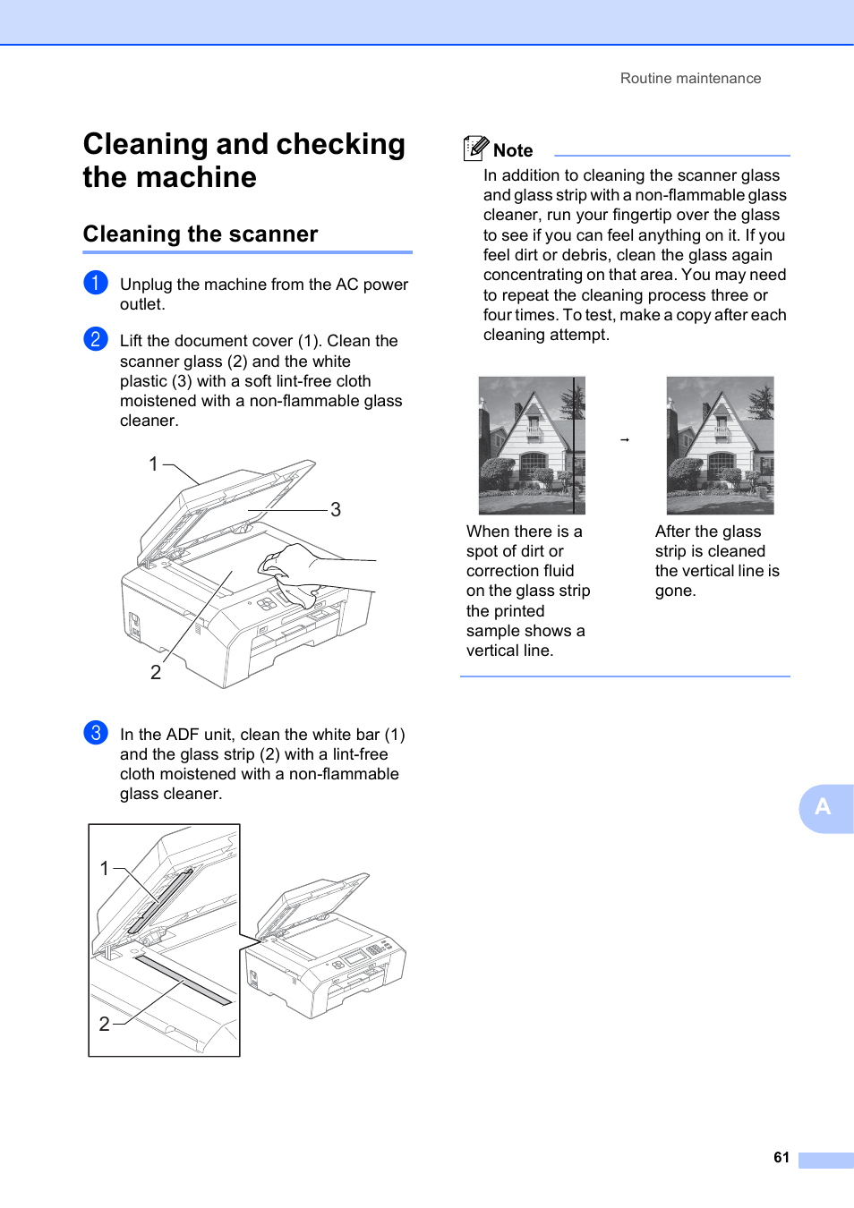Cleaning and checking the machine, Cleaning the scanner | Brother Printer MFC-J5910DW User Manual | Page 75 / 155