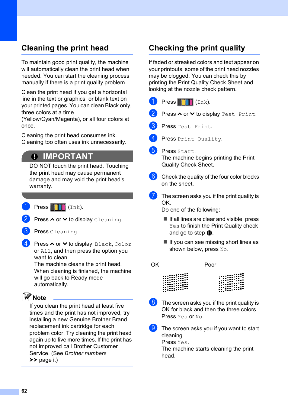 Cleaning the print head, Checking the print quality, Cleaning the print head checking the print quality | Important | Brother Printer MFC-J5910DW User Manual | Page 76 / 155