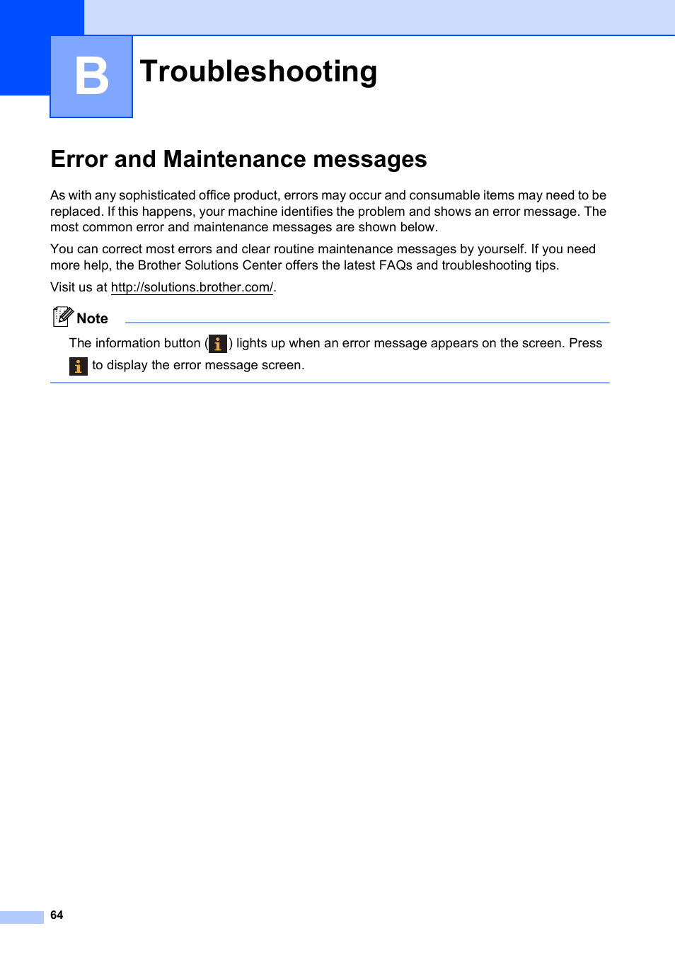 B troubleshooting, Error and maintenance messages, Troubleshooting | Brother Printer MFC-J5910DW User Manual | Page 78 / 155