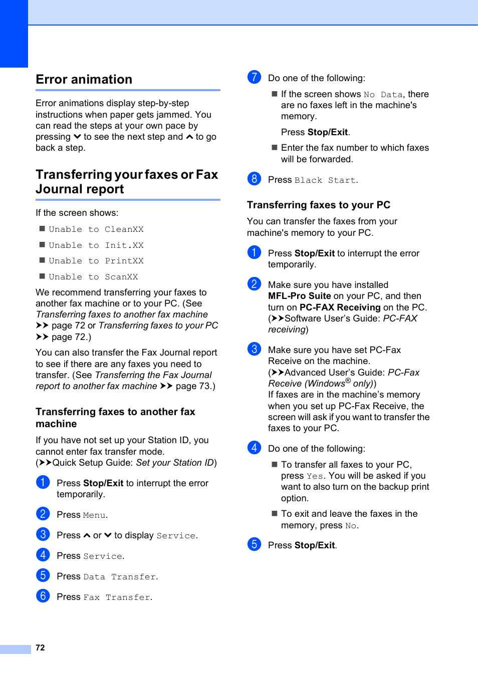 Error animation, Transferring your faxes or fax journal report, Transferring faxes to another fax machine | Transferring faxes to your pc | Brother Printer MFC-J5910DW User Manual | Page 86 / 155