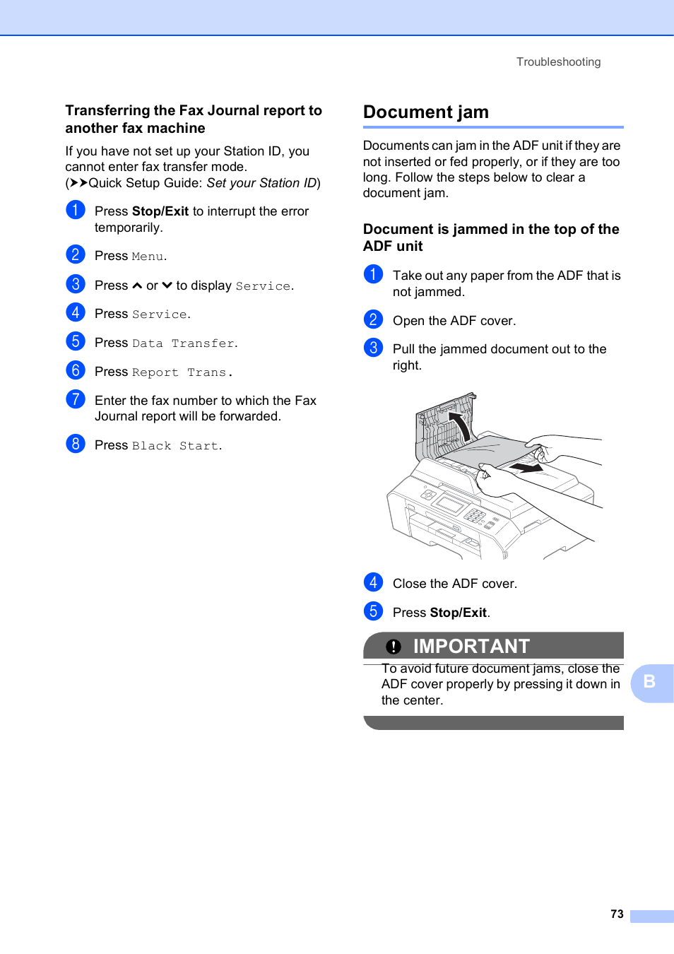 Document jam, Document is jammed in the top of the adf unit, Important | Brother Printer MFC-J5910DW User Manual | Page 87 / 155