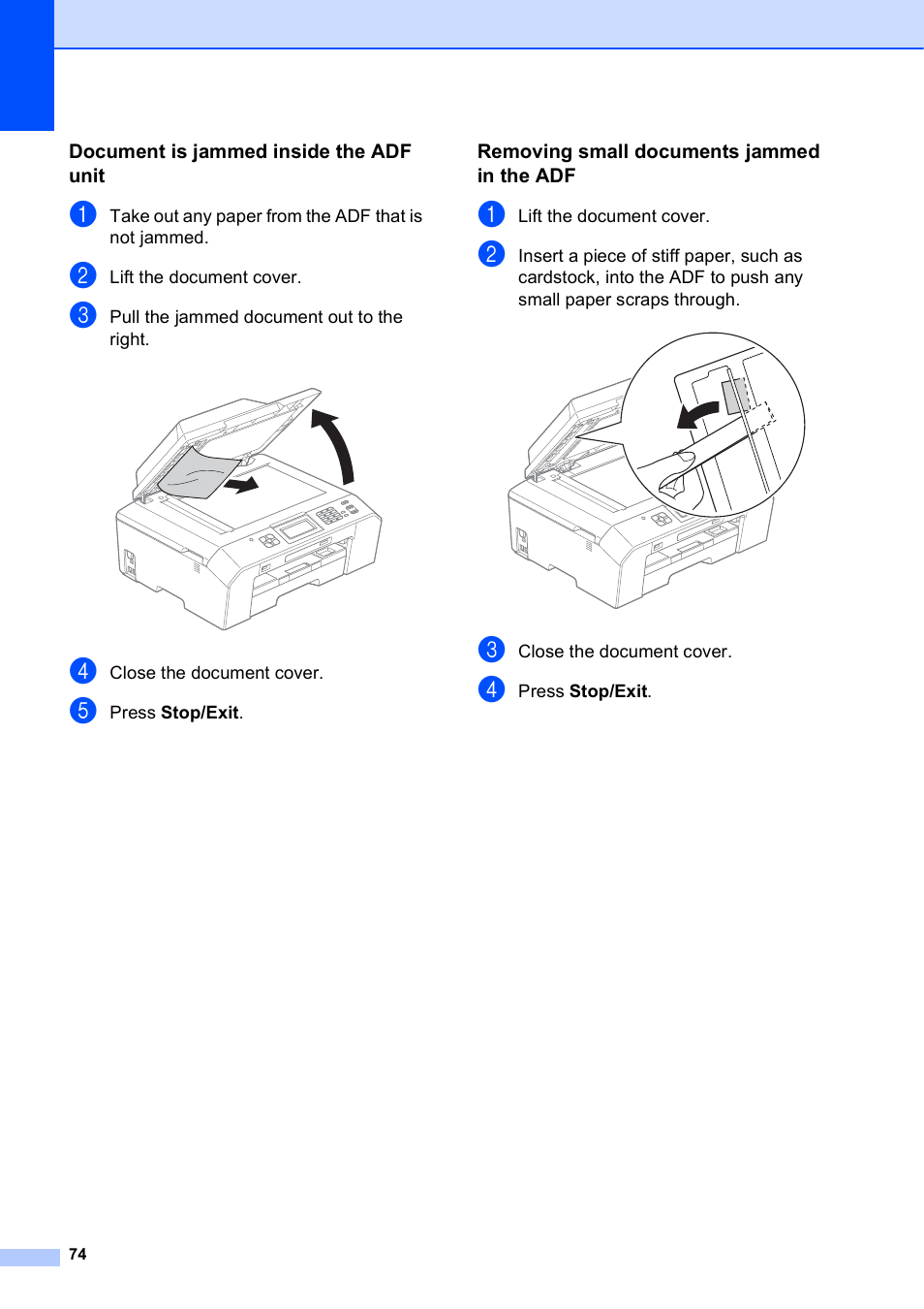 Document is jammed inside the adf unit, Removing small documents jammed in the adf | Brother Printer MFC-J5910DW User Manual | Page 88 / 155