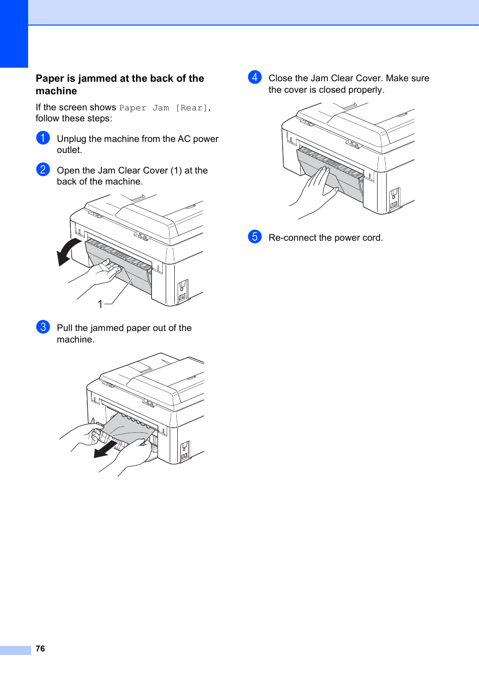 Paper is jammed at the back of the machine, Paper is jammed at the back of the machine uu | Brother Printer MFC-J5910DW User Manual | Page 90 / 155