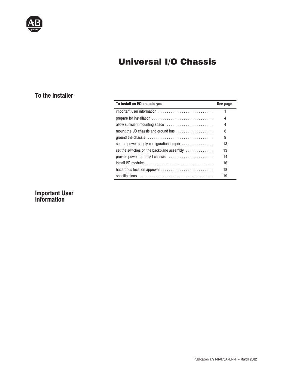 Rockwell Automation 1771-A1B_A2B_A3B_A3B1_A4B SERIES B Universal I/O Chassis Installation Instructions User Manual | 20 pages