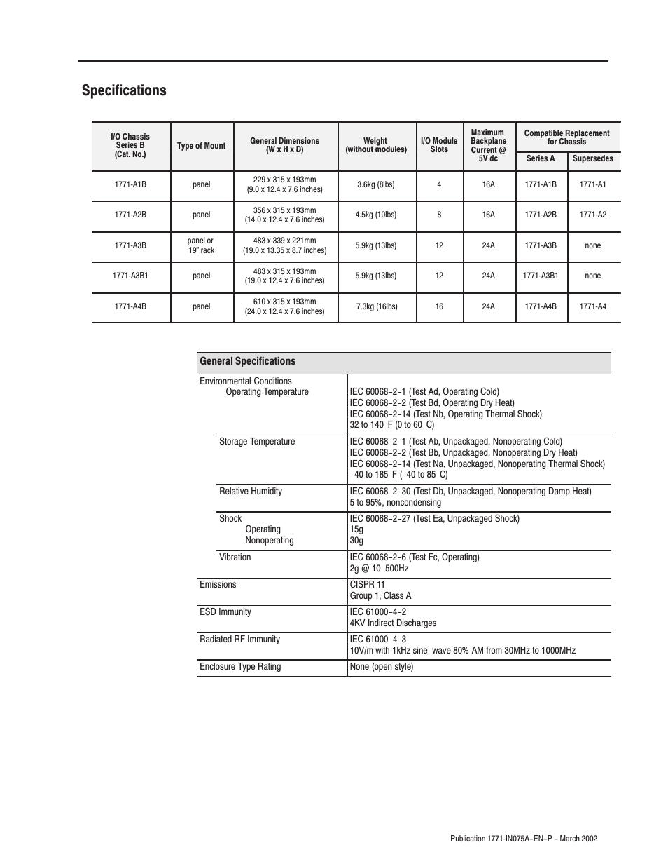 Specifications | Rockwell Automation 1771-A1B_A2B_A3B_A3B1_A4B SERIES B Universal I/O Chassis Installation Instructions User Manual | Page 19 / 20