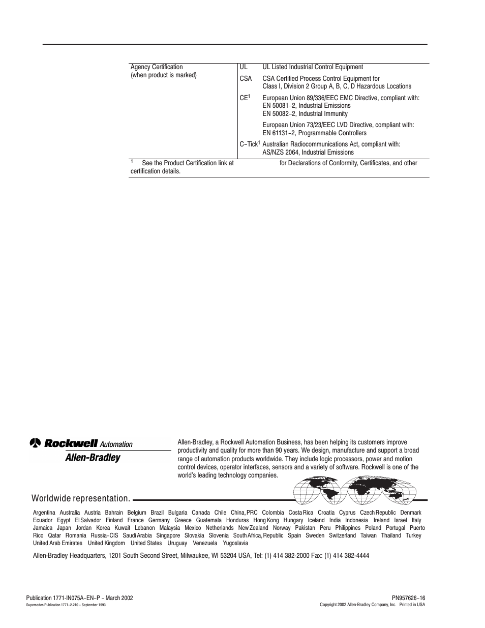 Worldwide representation | Rockwell Automation 1771-A1B_A2B_A3B_A3B1_A4B SERIES B Universal I/O Chassis Installation Instructions User Manual | Page 20 / 20