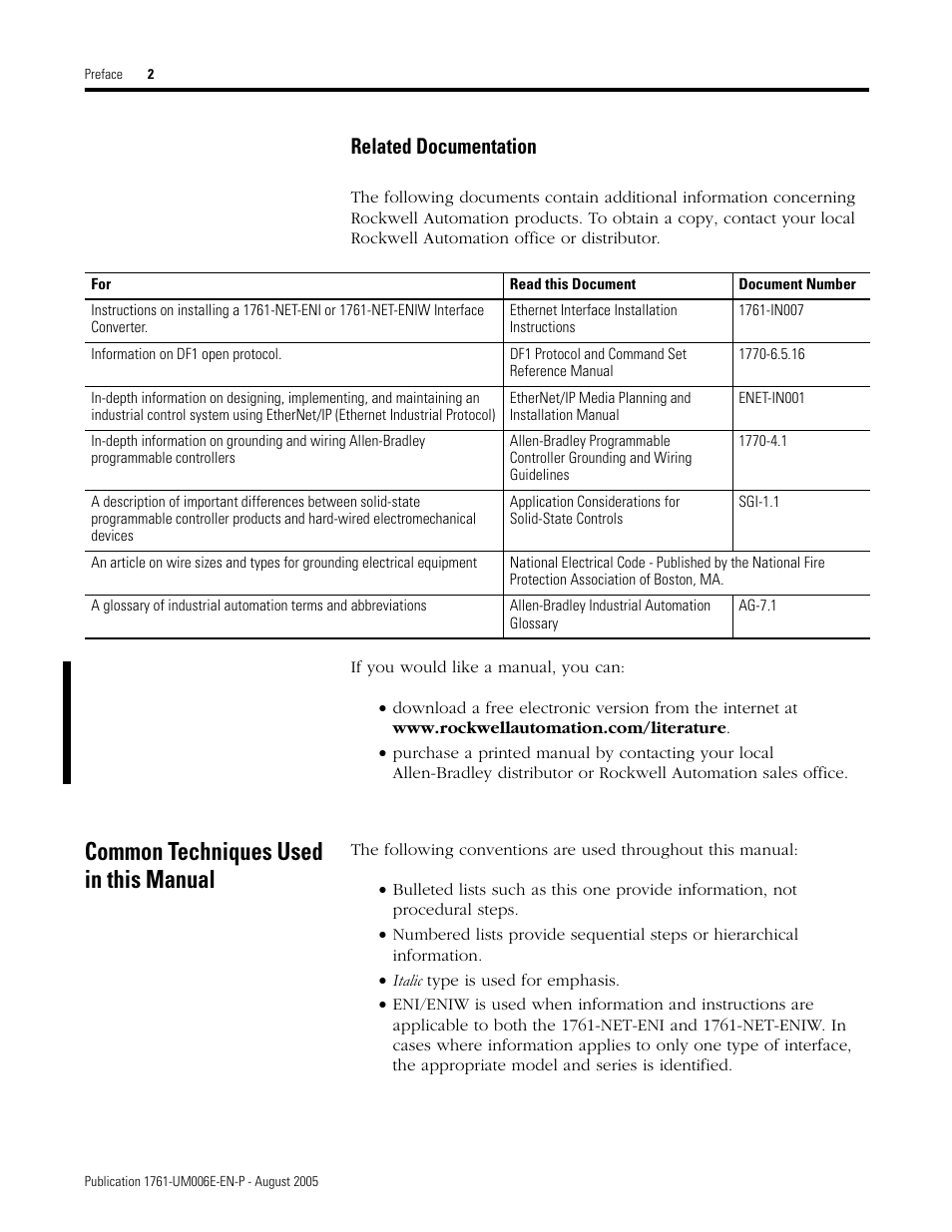 Common techniques used in this manual, Related documentation | Rockwell Automation 1761-NET-ENIW MicroLogix Ethernet Interface (ENI) User Manual User Manual | Page 10 / 144