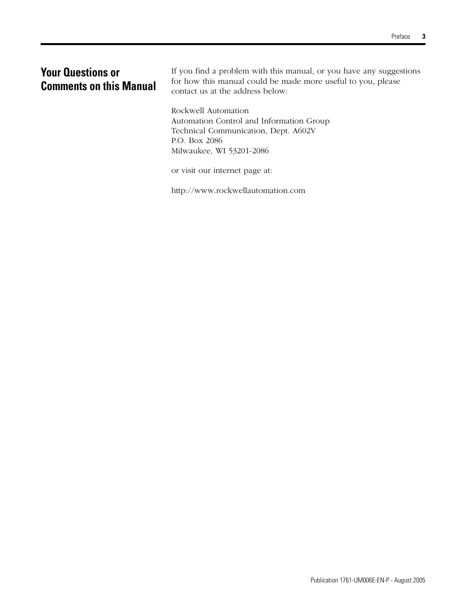 Your questions or comments on this manual | Rockwell Automation 1761-NET-ENIW MicroLogix Ethernet Interface (ENI) User Manual User Manual | Page 11 / 144