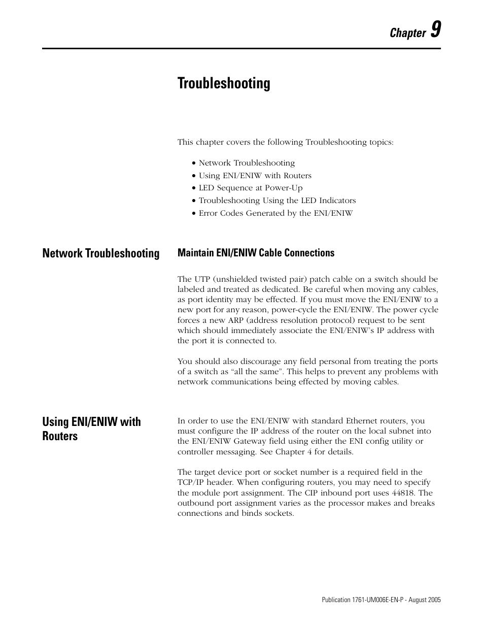 9 - troubleshooting, Network troubleshooting, Using eni/eniw with routers | Chapter 9, Troubleshooting, Network troubleshooting -1, Maintain eni/eniw cable connections -1, Using eni/eniw with routers -1 | Rockwell Automation 1761-NET-ENIW MicroLogix Ethernet Interface (ENI) User Manual User Manual | Page 121 / 144