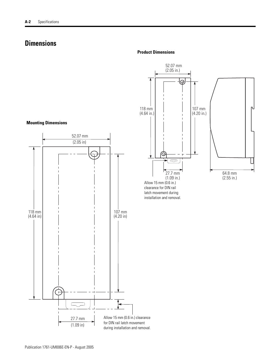 Dimensions | Rockwell Automation 1761-NET-ENIW MicroLogix Ethernet Interface (ENI) User Manual User Manual | Page 128 / 144