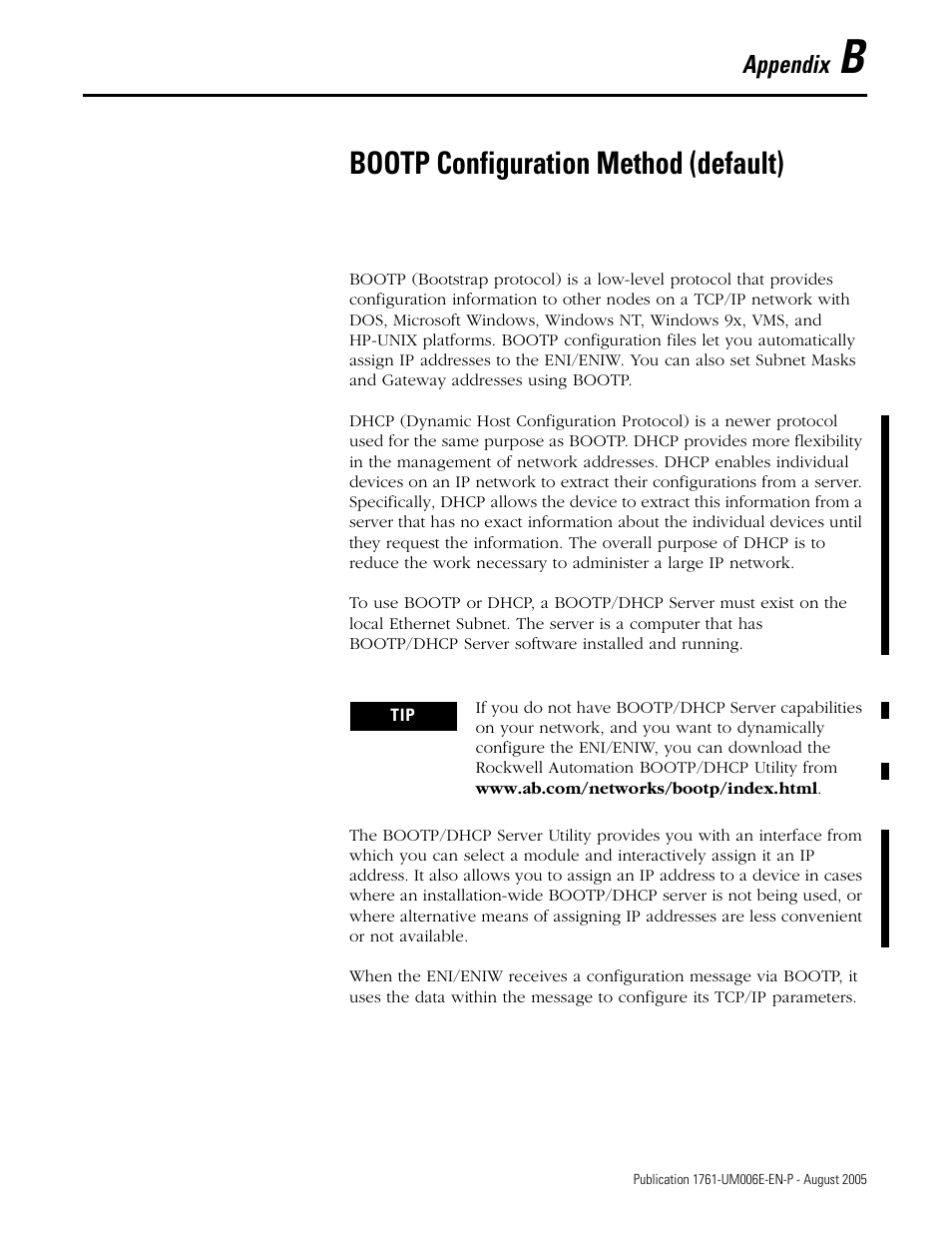 B - bootp configuration method (default), Appendix b, Bootp configuration method (default) | Rockwell Automation 1761-NET-ENIW MicroLogix Ethernet Interface (ENI) User Manual User Manual | Page 129 / 144
