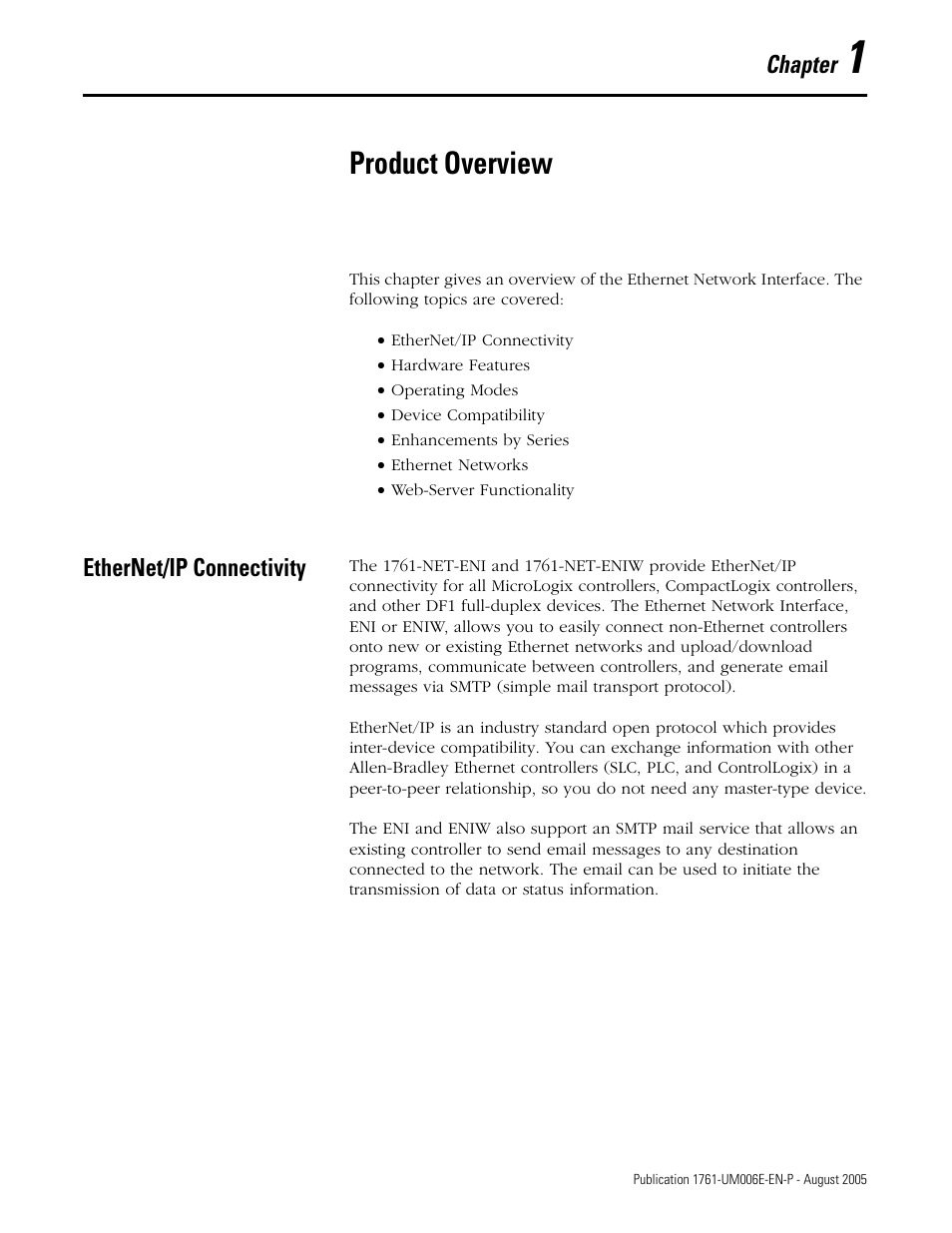 1 - product overview, Ethernet/ip connectivity, Chapter 1 | Product overview, Ethernet/ip connectivity -1 | Rockwell Automation 1761-NET-ENIW MicroLogix Ethernet Interface (ENI) User Manual User Manual | Page 13 / 144