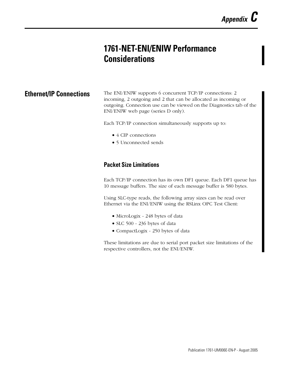 C - 1761-net-eni/eniw performance considerations, Ethernet/ip connections, Appendix c | 1761-net-eni/eniw performance considerations | Rockwell Automation 1761-NET-ENIW MicroLogix Ethernet Interface (ENI) User Manual User Manual | Page 133 / 144