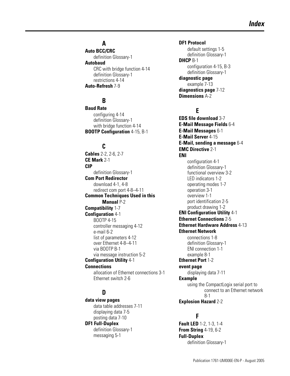 Index | Rockwell Automation 1761-NET-ENIW MicroLogix Ethernet Interface (ENI) User Manual User Manual | Page 139 / 144