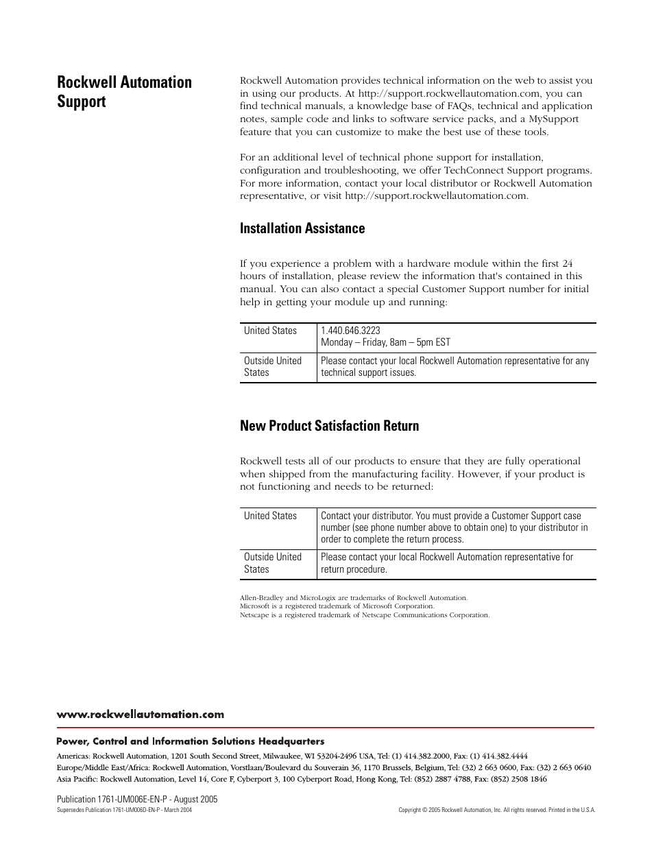 Back cover, Rockwell automation support, Installation assistance | New product satisfaction return | Rockwell Automation 1761-NET-ENIW MicroLogix Ethernet Interface (ENI) User Manual User Manual | Page 144 / 144