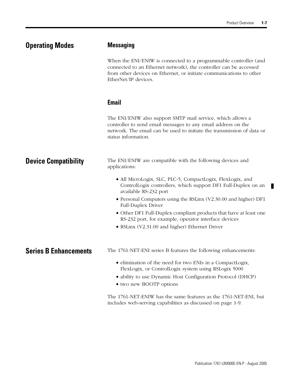 Operating modes, Device compatibility, Series b enhancements | Operating modes -7, Messaging -7 email -7, Device compatibility -7 series b enhancements -7 | Rockwell Automation 1761-NET-ENIW MicroLogix Ethernet Interface (ENI) User Manual User Manual | Page 19 / 144