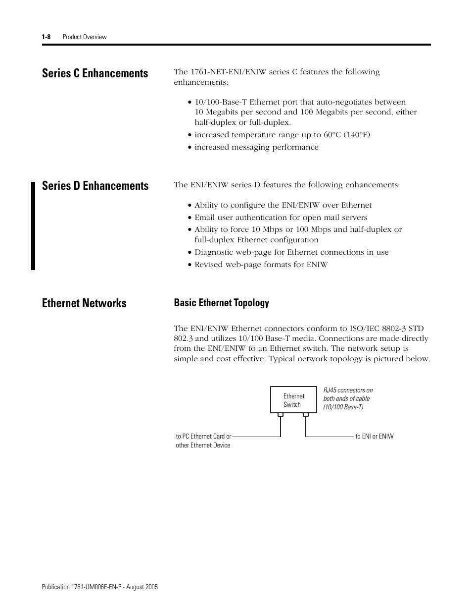 Series c enhancements, Series d enhancements, Ethernet networks | Basic ethernet topology -8, Basic ethernet topology | Rockwell Automation 1761-NET-ENIW MicroLogix Ethernet Interface (ENI) User Manual User Manual | Page 20 / 144