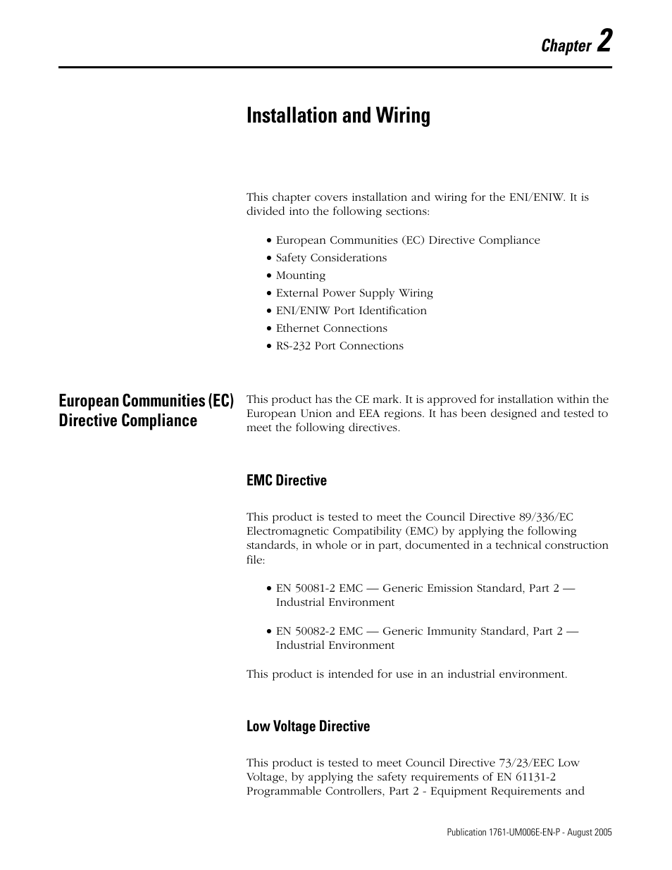 2 - installation and wiring, European communities (ec) directive compliance, Chapter 2 | Installation and wiring, European communities (ec) directive compliance -1, Emc directive -1 low voltage directive -1, Chapter | Rockwell Automation 1761-NET-ENIW MicroLogix Ethernet Interface (ENI) User Manual User Manual | Page 23 / 144