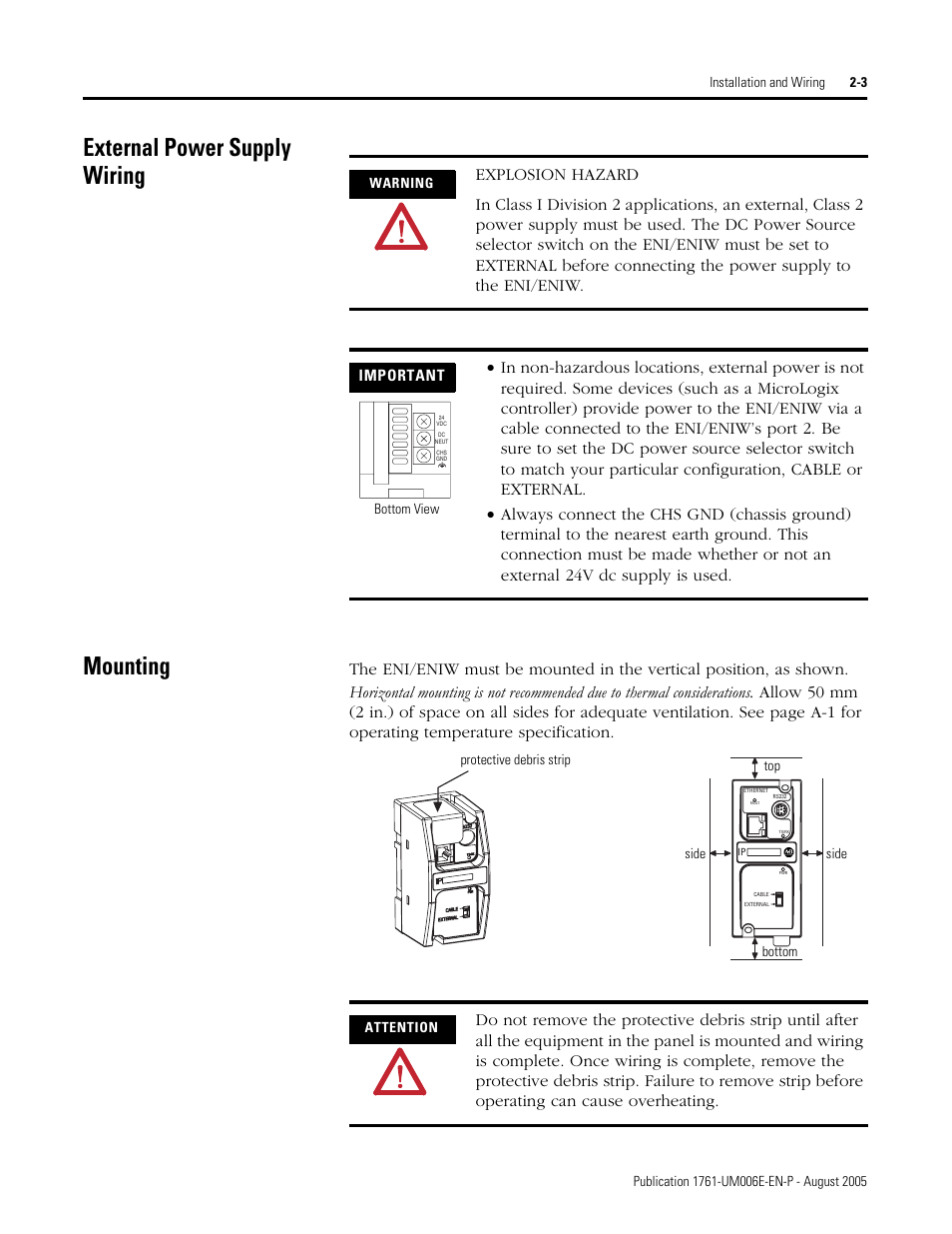 External power supply wiring, Mounting, External power supply wiring -3 mounting -3 | External power supply wiring mounting | Rockwell Automation 1761-NET-ENIW MicroLogix Ethernet Interface (ENI) User Manual User Manual | Page 25 / 144