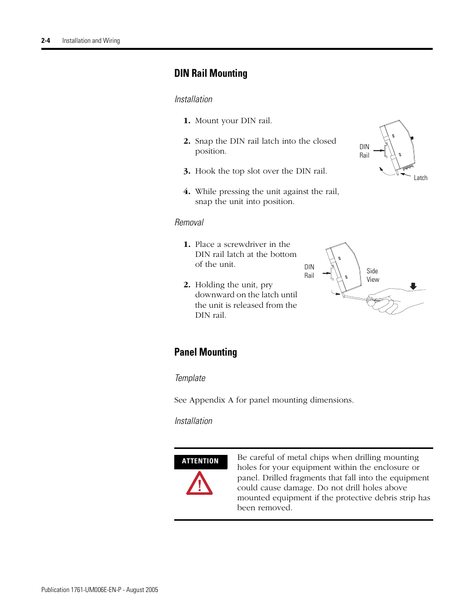 Din rail mounting -4 panel mounting -4, Din rail mounting, Panel mounting | Rockwell Automation 1761-NET-ENIW MicroLogix Ethernet Interface (ENI) User Manual User Manual | Page 26 / 144