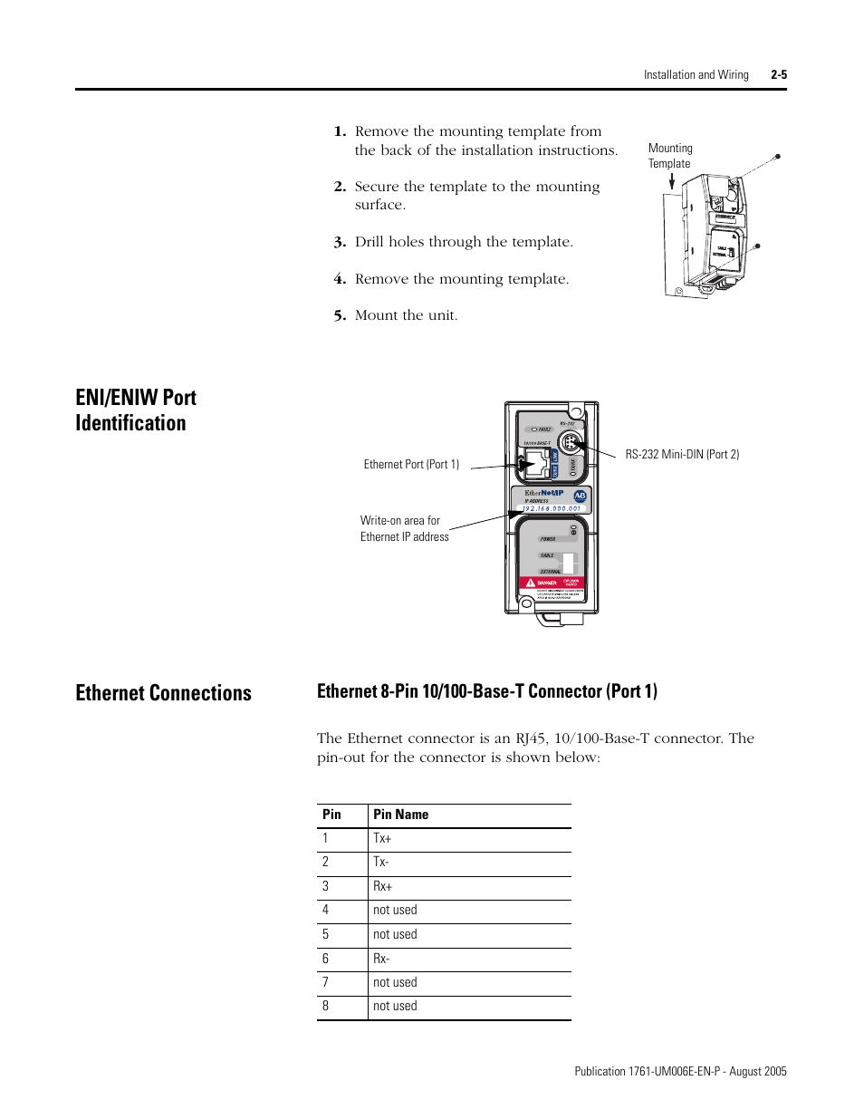 Eni/eniw port identification, Ethernet connections, Ethernet 8-pin 10/100-base-t connector (port 1) -5 | Eni/eniw port identification ethernet connections | Rockwell Automation 1761-NET-ENIW MicroLogix Ethernet Interface (ENI) User Manual User Manual | Page 27 / 144