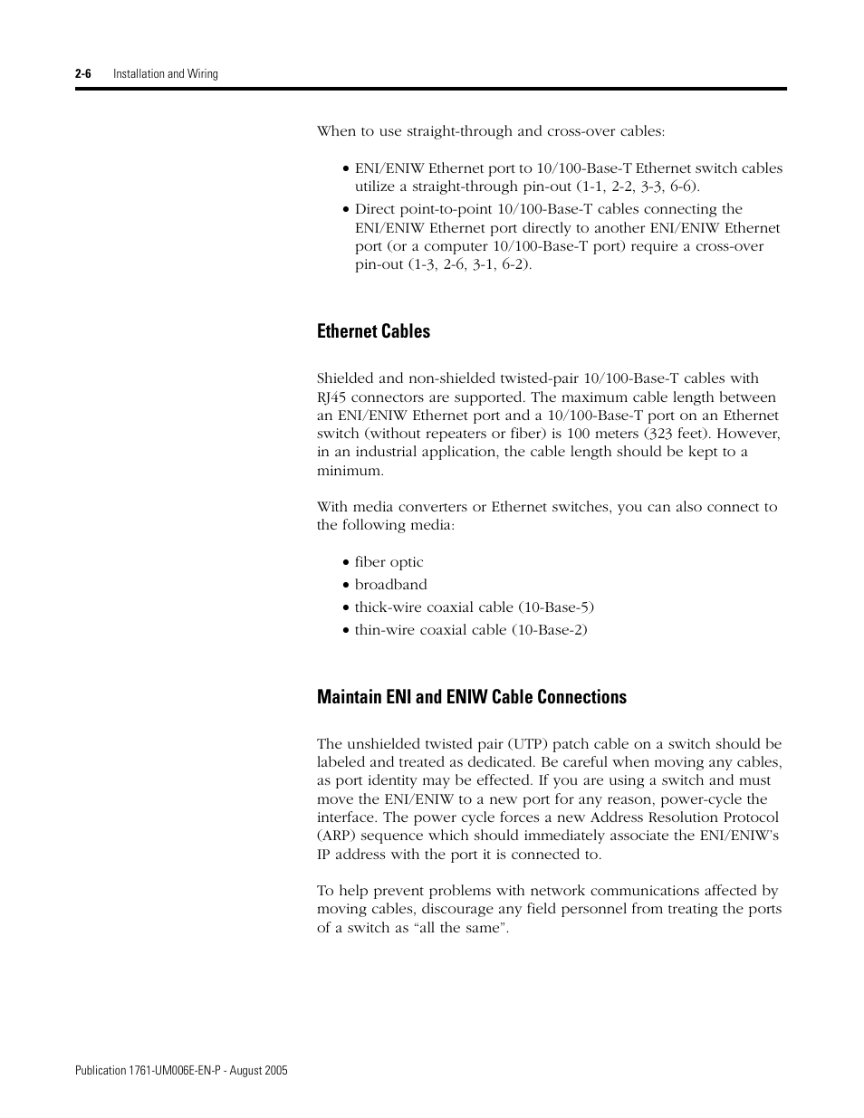 Ethernet cables, Maintain eni and eniw cable connections | Rockwell Automation 1761-NET-ENIW MicroLogix Ethernet Interface (ENI) User Manual User Manual | Page 28 / 144