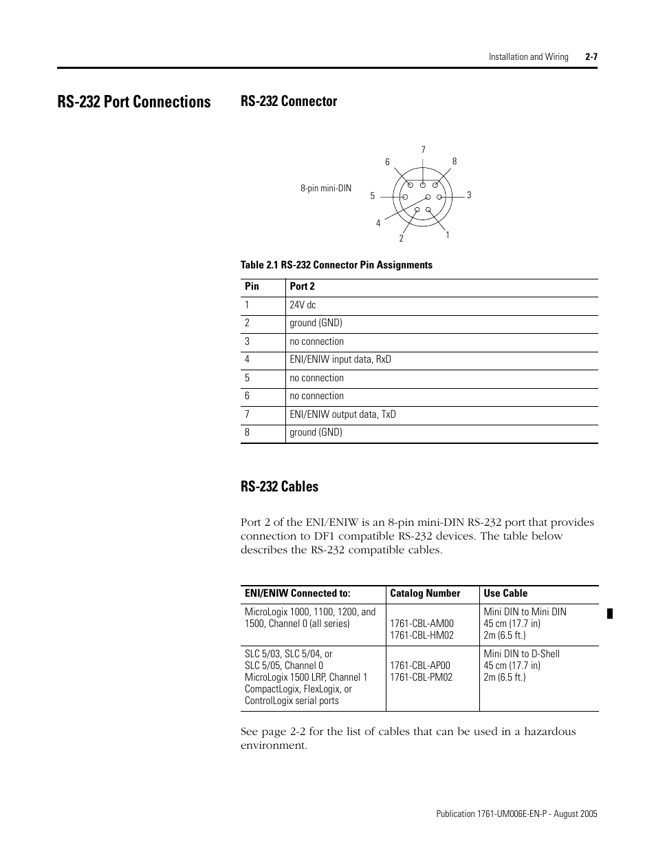 Rs-232 port connections, Rs-232 port connections -7, Rs-232 connector -7 rs-232 cables -7 | Rockwell Automation 1761-NET-ENIW MicroLogix Ethernet Interface (ENI) User Manual User Manual | Page 29 / 144