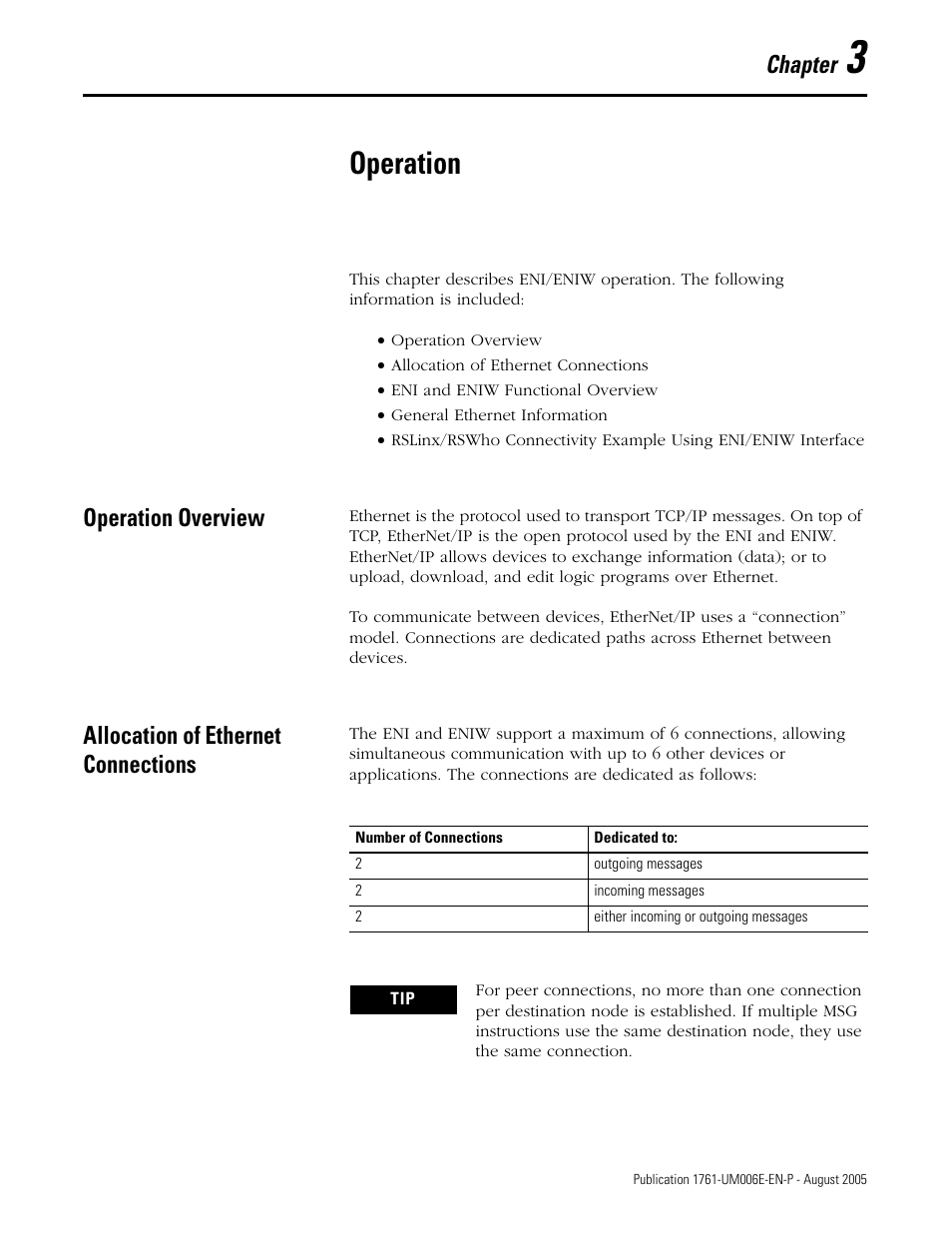 3 - operation, Operation overview, Allocation of ethernet connections | Chapter 3, Operation, O peration, Chapter | Rockwell Automation 1761-NET-ENIW MicroLogix Ethernet Interface (ENI) User Manual User Manual | Page 31 / 144