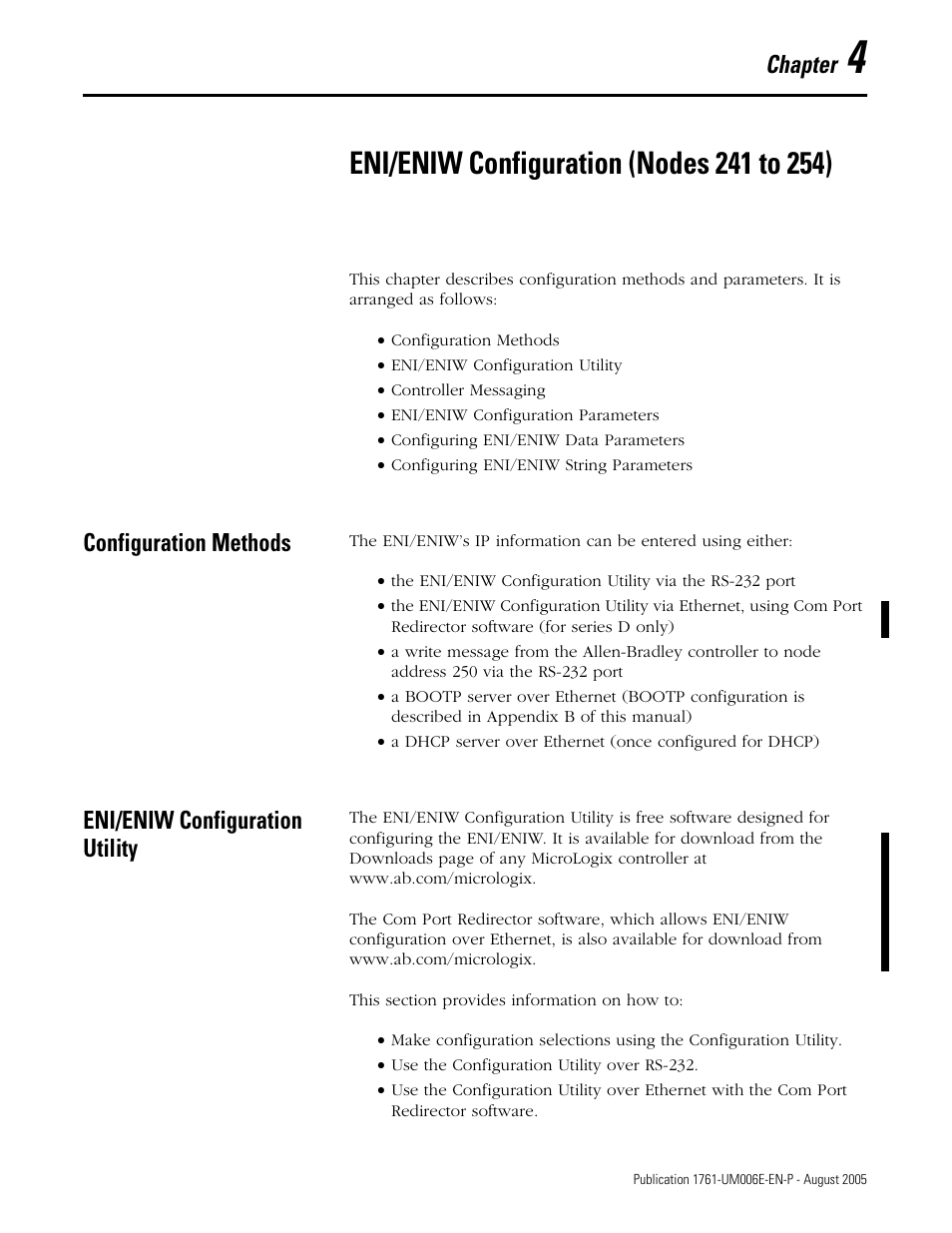 4 - eni/eniw configuration (nodes 241 to 254), Configuration methods, Eni/eniw configuration utility | Chapter 4, Eni/eniw configuration (nodes 241 to 254), Er 4, Chapter | Rockwell Automation 1761-NET-ENIW MicroLogix Ethernet Interface (ENI) User Manual User Manual | Page 41 / 144