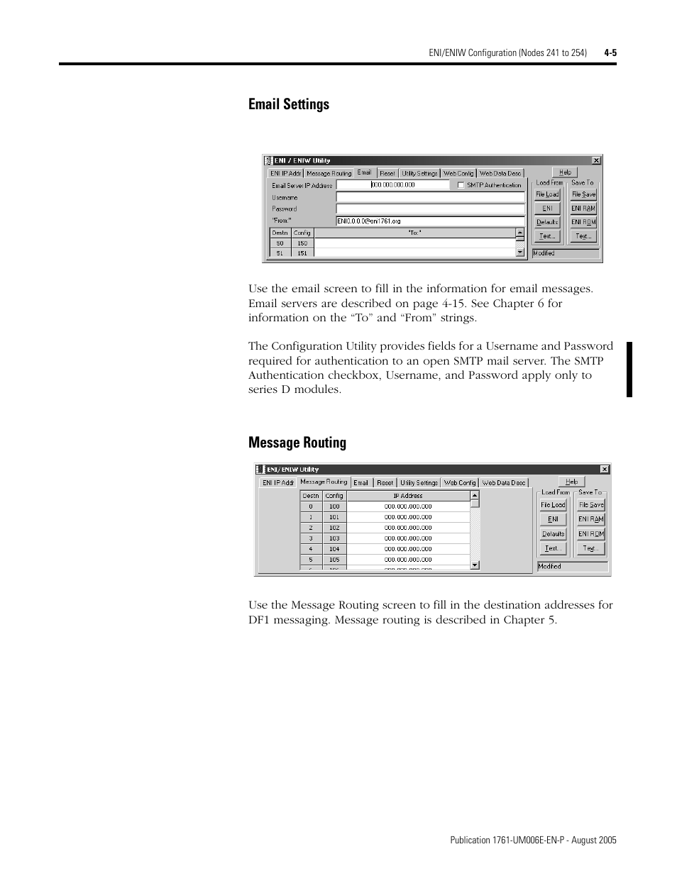 5 and, Email settings -5 message routing -5, Email settings | Message routing | Rockwell Automation 1761-NET-ENIW MicroLogix Ethernet Interface (ENI) User Manual User Manual | Page 45 / 144