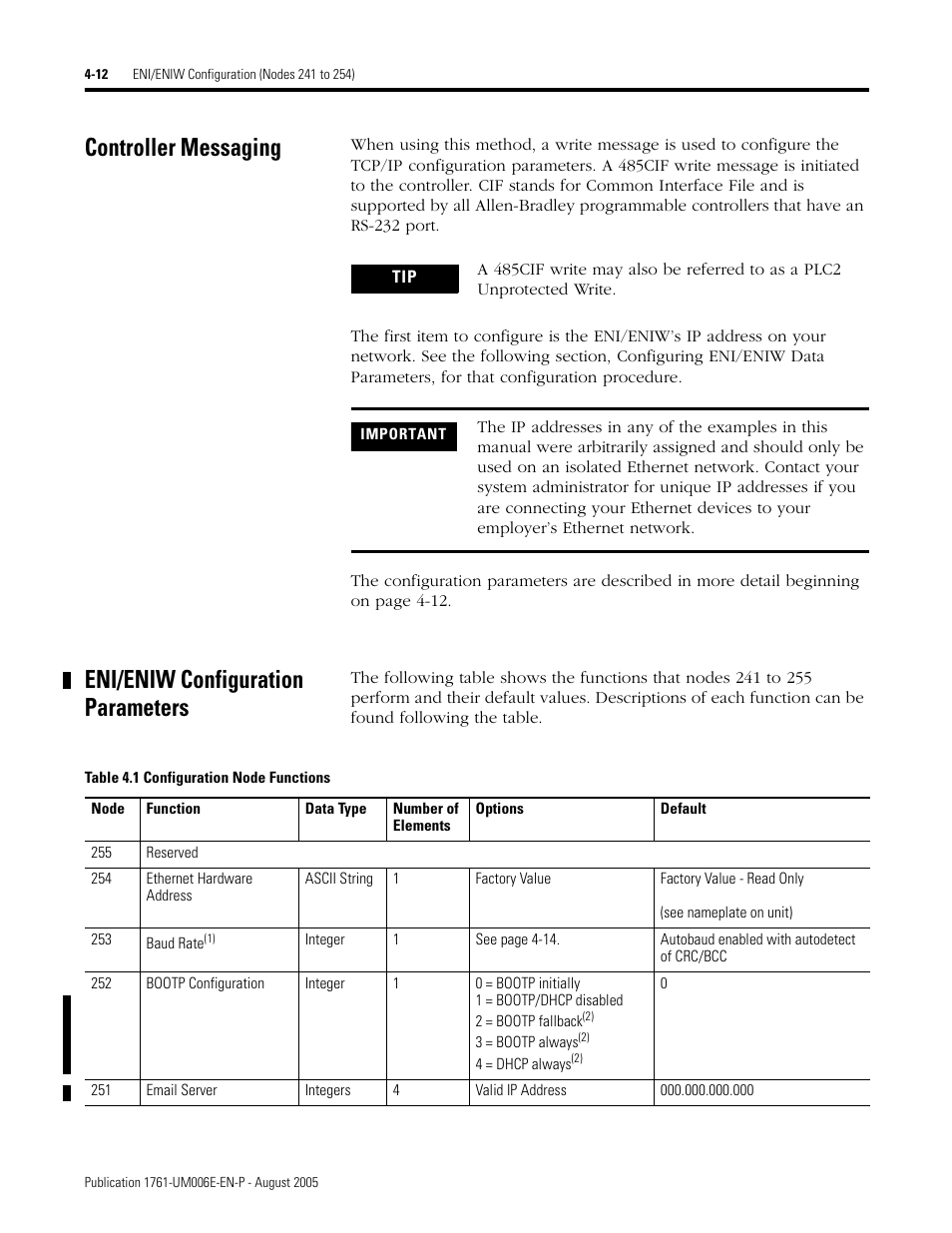 Controller messaging, Eni/eniw configuration parameters | Rockwell Automation 1761-NET-ENIW MicroLogix Ethernet Interface (ENI) User Manual User Manual | Page 52 / 144