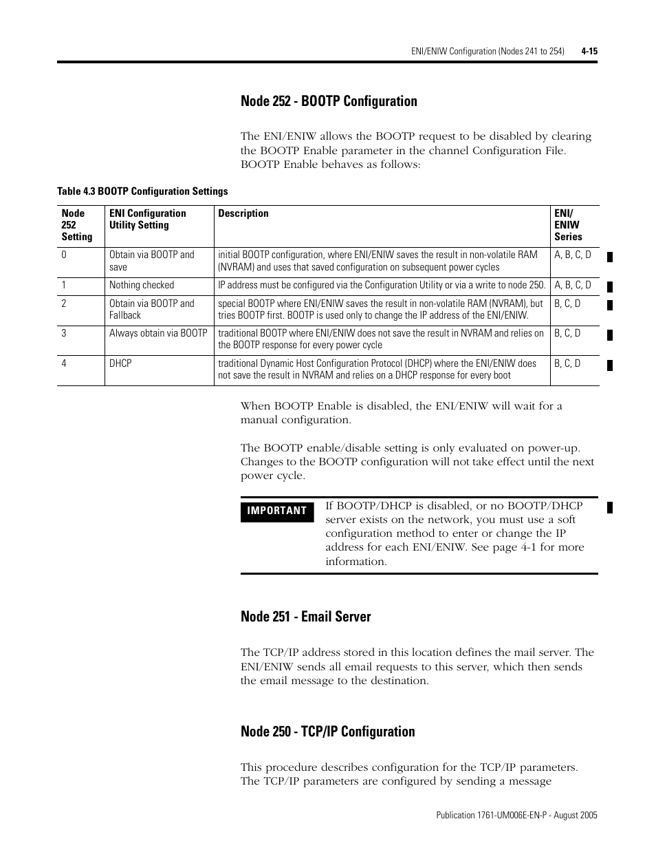 Node 252 - bootp configuration, Node 251 - email server, Node 250 - tcp/ip configuration | Rockwell Automation 1761-NET-ENIW MicroLogix Ethernet Interface (ENI) User Manual User Manual | Page 55 / 144