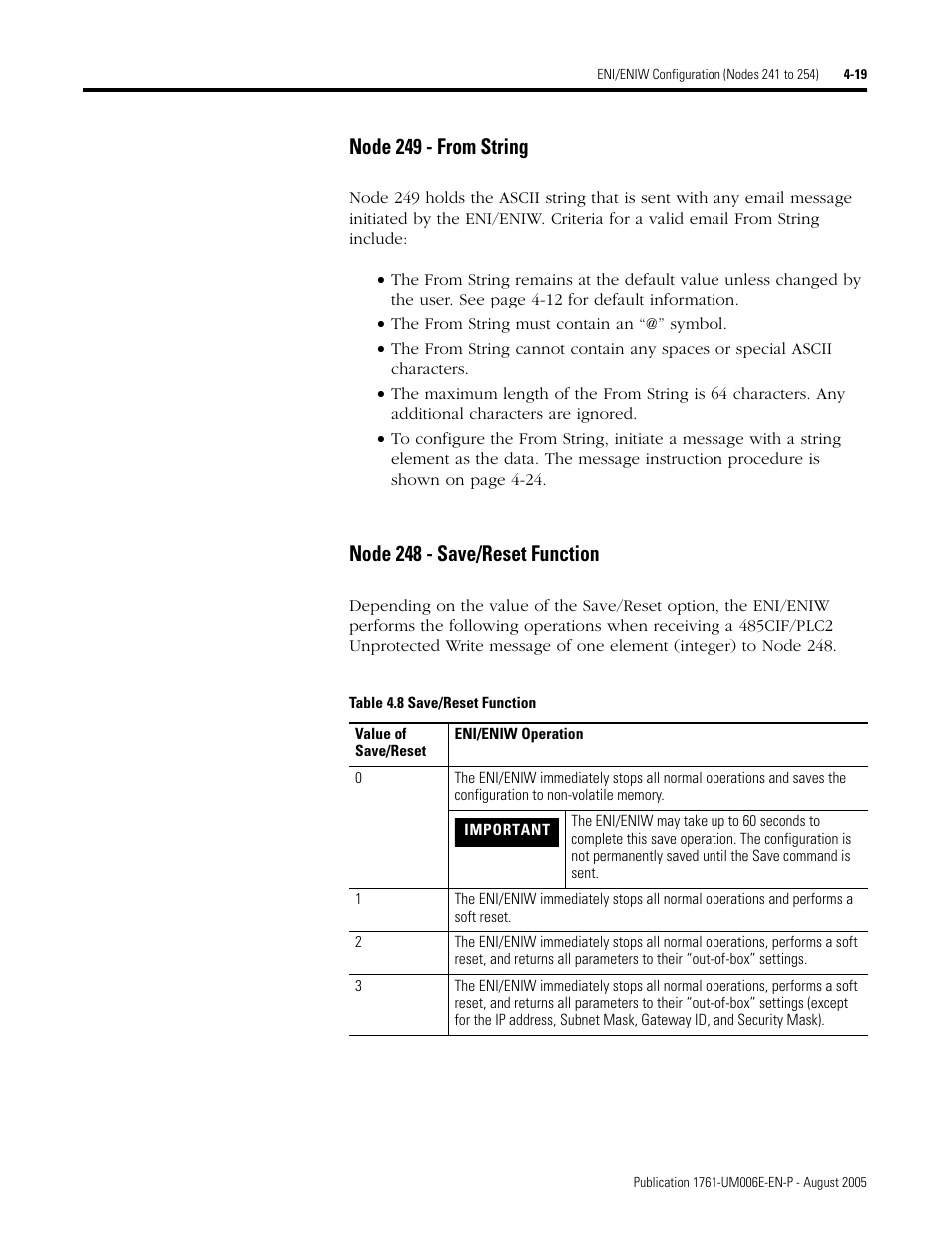 Node 249 - from string, Node 248 - save/reset function | Rockwell Automation 1761-NET-ENIW MicroLogix Ethernet Interface (ENI) User Manual User Manual | Page 59 / 144