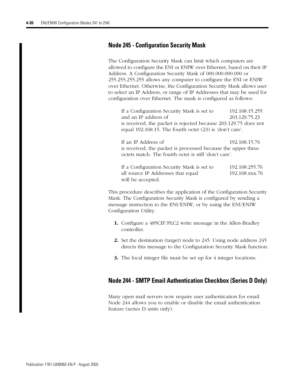 20 to, Node 245 - configuration security mask | Rockwell Automation 1761-NET-ENIW MicroLogix Ethernet Interface (ENI) User Manual User Manual | Page 60 / 144