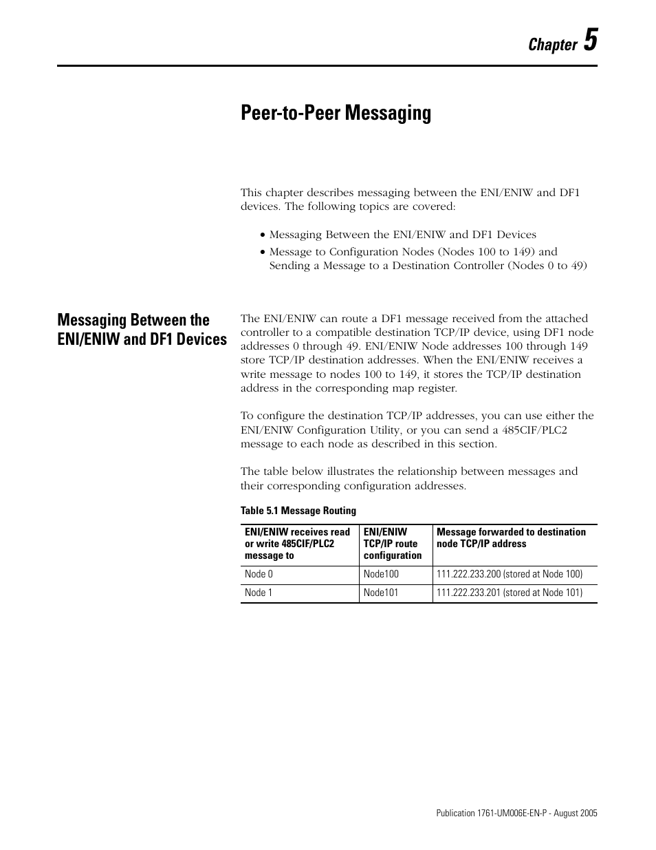 5 - peer-to-peer messaging, Messaging between the eni/eniw and df1 devices, Chapter 5 | Peer-to-peer messaging, Messaging between the eni/eniw and df1 devices -1, Er 5, Chapter | Rockwell Automation 1761-NET-ENIW MicroLogix Ethernet Interface (ENI) User Manual User Manual | Page 67 / 144
