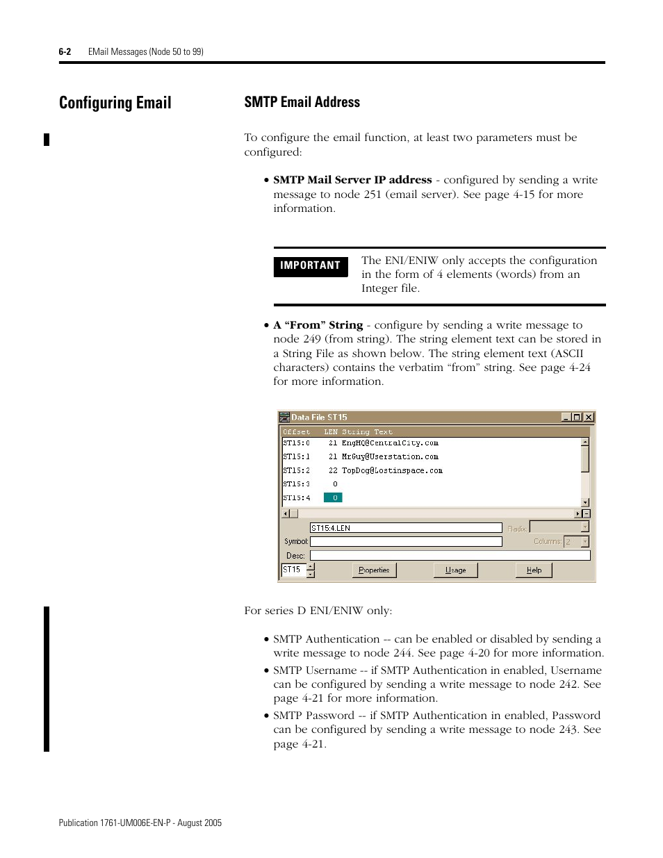 Configuring email, Configuring email -2, Smtp email address -2 | Smtp email address | Rockwell Automation 1761-NET-ENIW MicroLogix Ethernet Interface (ENI) User Manual User Manual | Page 72 / 144