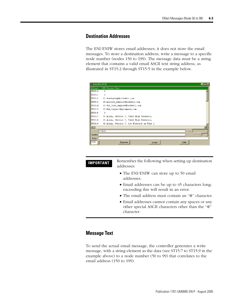 Destination addresses -3 message text -3, Destination addresses, Message text | Rockwell Automation 1761-NET-ENIW MicroLogix Ethernet Interface (ENI) User Manual User Manual | Page 73 / 144