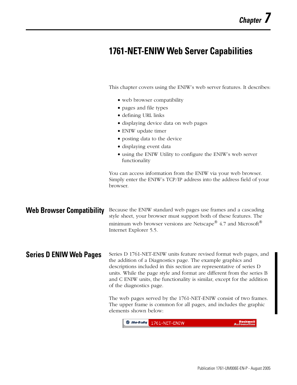 7 - 1761-net-eniw web server capabilities, Web browser compatibility, Chapter 7 | 1761-net-eniw web server capabilities, Er 7, Chapter, Series d eniw web pages | Rockwell Automation 1761-NET-ENIW MicroLogix Ethernet Interface (ENI) User Manual User Manual | Page 77 / 144