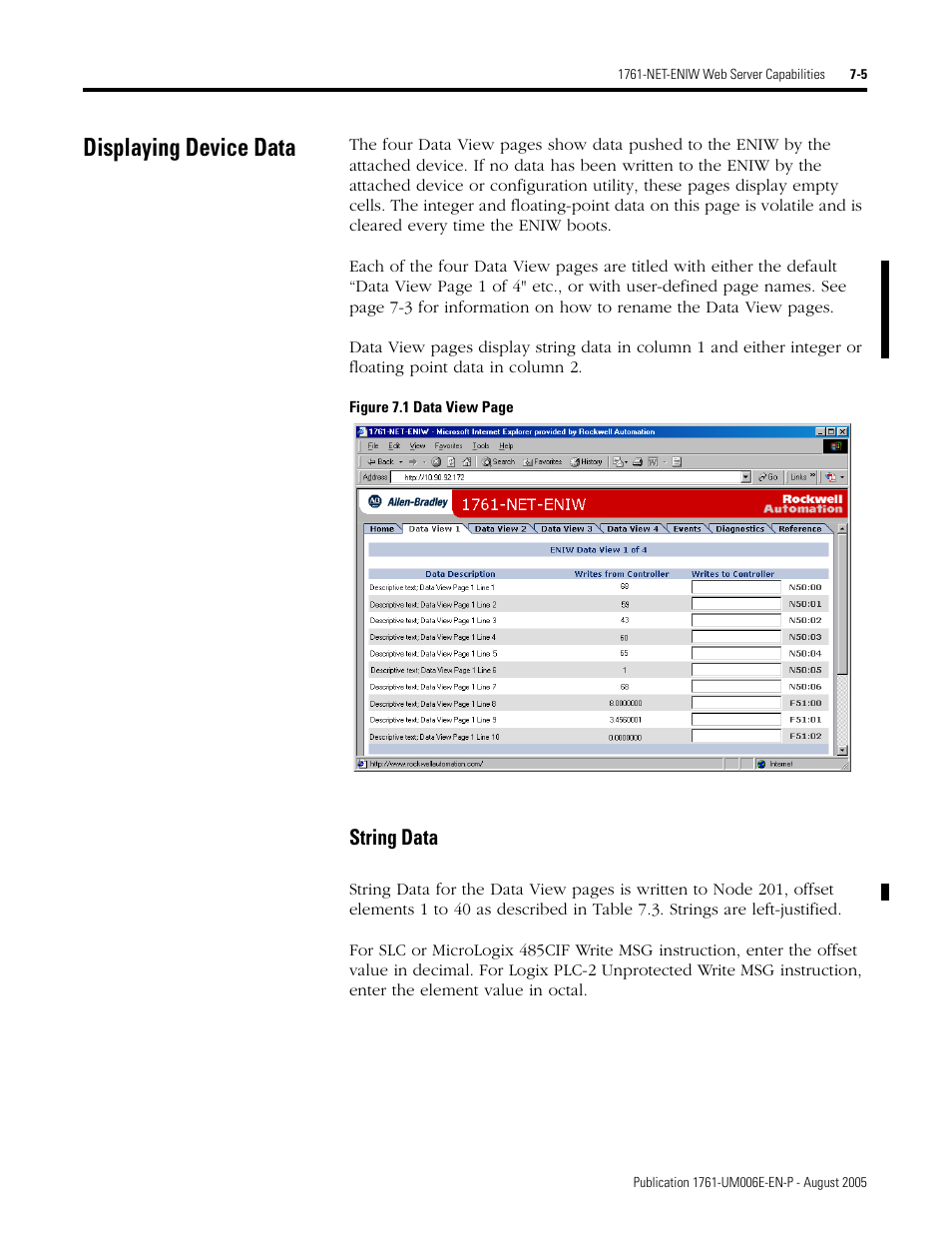 Displaying device data, Displaying device data -5, String data -5 | String data | Rockwell Automation 1761-NET-ENIW MicroLogix Ethernet Interface (ENI) User Manual User Manual | Page 81 / 144