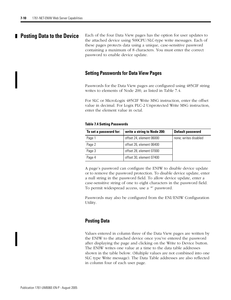 Posting data to the device, Posting data to the device -10, Setting passwords for data view pages | Posting data | Rockwell Automation 1761-NET-ENIW MicroLogix Ethernet Interface (ENI) User Manual User Manual | Page 86 / 144