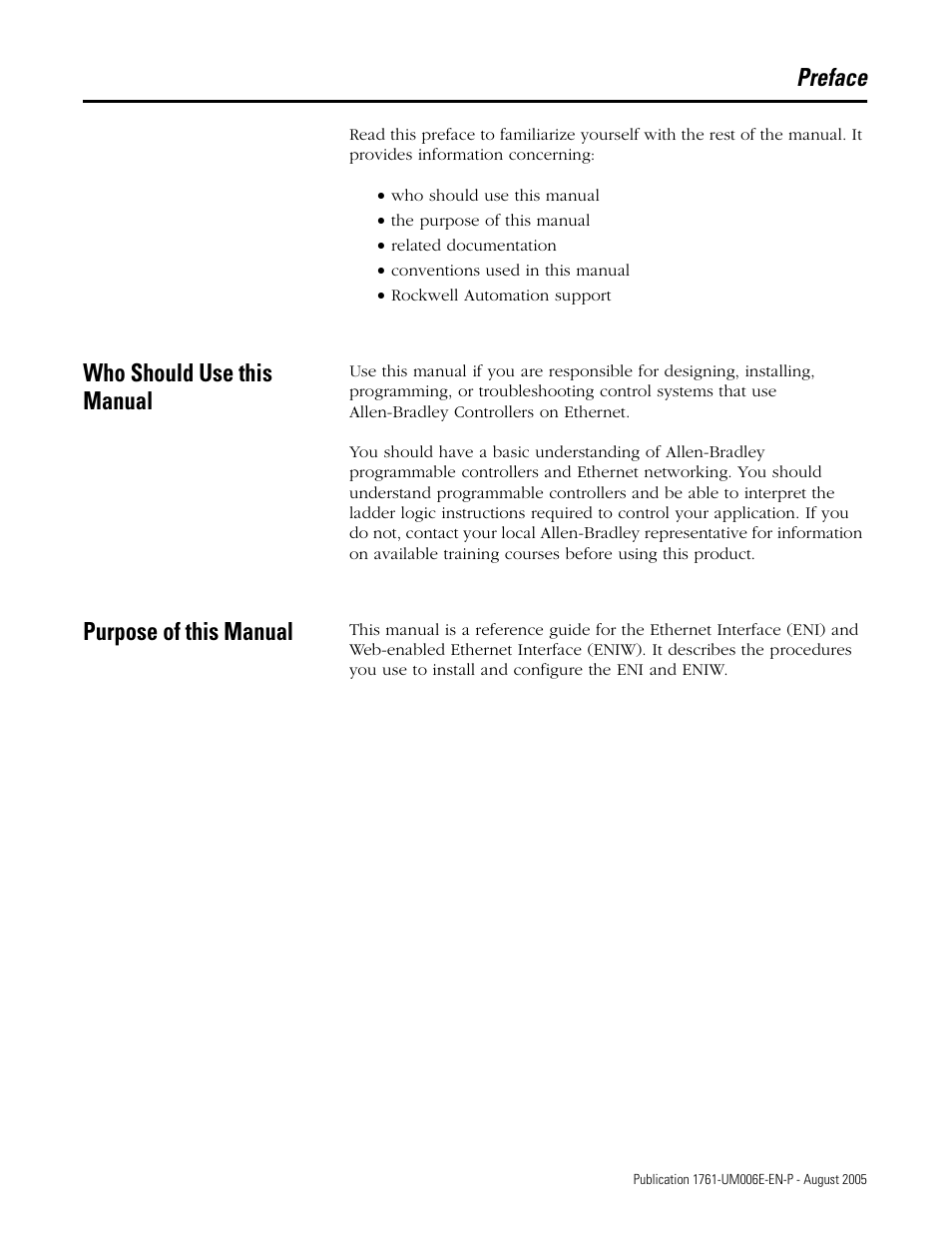 Preface, Who should use this manual, Purpose of this manual | Rockwell Automation 1761-NET-ENIW MicroLogix Ethernet Interface (ENI) User Manual User Manual | Page 9 / 144