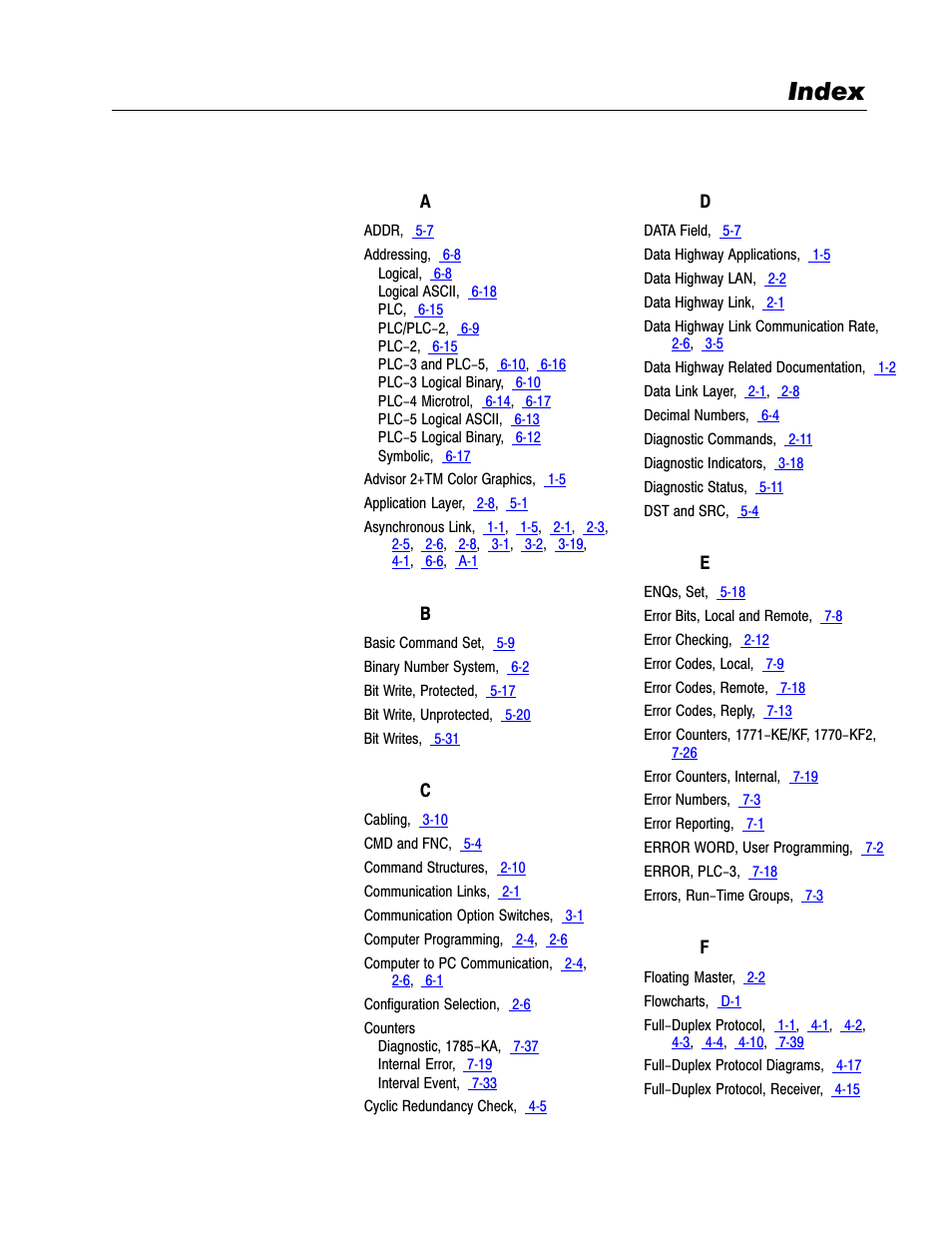 Index | Rockwell Automation 1770-KF2 Data Highway or Highway Plus Interface Module User Manual User Manual | Page 233 / 235